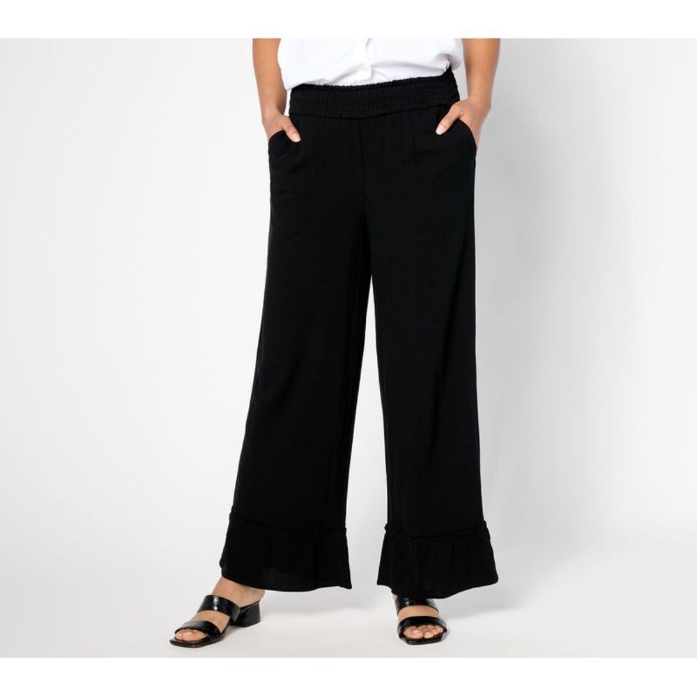 Denim&Co Black Wide-Leg Ruffle-Hem Pants